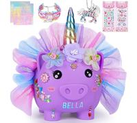 MHJY Piggy Bank for Kids Unicorn Money Box Girls Unbreakable Resin Child Saving Bank Cute Large Coin Banks with Necklace Bracelet DIY Stickers Birthday Set