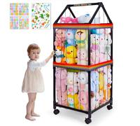 MHJY Stuffed Animals Zoo Storage with Wheels, Soft Toy Storage Cage PVC Cuddly Toy Holder Large Plushies Organiser Shelf with Elastic Band for Kids Room Furniture Bedroom Nursery Decor