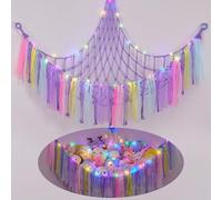 MHJY Toy Hammock Stuffed Animals Storage Net Soft Cuddly Toys Large Corner Hanging Net With LED Light Hand Woven Plush Macrame Organizer with Tassel for Kids Bedroom Nursery