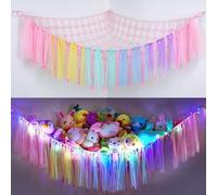 MHJY Toy Hammock Stuffed Animals Storage Net Soft Cuddly Toys Large Corner Hanging Net With LED Light Hand Woven Plush Macrame Organizer with Tassel for Kids Bedroom Nursery
