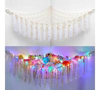 MHJY Toy Hammock Stuffed Animals Storage Net Soft Cuddly Toys Large Corner Hanging Net With LED Light Hand Woven Plush Macrame Organizer with Tassel for Kids Bedroom Nursery