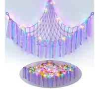MHJY Toy Hammock Stuffed Animals Storage Net Soft Cuddly Toys Large Corner Hanging Net With LED Light Hand Woven Plush Macrame Organizer with Tassel for Kids Bedroom Nursery