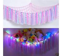 MHJY Toy Hammock Stuffed Animals Storage Net Soft Cuddly Toys Large Corner Hanging Net With LED Light Hand Woven Plush Macrame Organizer with Tassel for Kids Bedroom Nursery