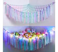 MHJY Toy Hammock Stuffed Animals Storage Net Soft Cuddly Toys Large Corner Hanging Net With LED Light Hand Woven Plush Macrame Organizer with Tassel for Kids Bedroom Nursery