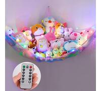 MHJY Toy Hammock Stuffed Animals Toy Storage Net with LED Light Large Corner Hanging Soft Cuddly Plush Mesh Organizer with Remote Control 8 Kinds of Llight Mode for Kids Nursery Bedroom