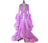 MHNFGDSE Women Lingerie Robe Plus Size Lingerie Sexy Robe Mesh Sheer Lace Nightwear Flared Sleeves Dressing Gown with Feather Trim Tulle Lotus Leaf Long Sleeve Dressing Gown,F,One Size