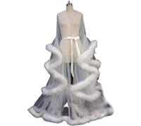 MHNFGDSE Women Plus Size Lingerie Robe See Through Sexy Feather Nightwear Long Lace Dress Night Robe feather Trim Tulle Lotus Leaf Long Sleeve Dressing Gown Kimono Dressing Feather,M,One Size