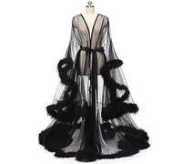 MHNFGDSE Women Plus Size Lingerie Robe See Through Sexy Feather Nightwear Long Lace Dress Night Robe feather Trim Tulle Lotus Leaf Long Sleeve Dressing Gown Kimono Dressing Feather,D,One Size