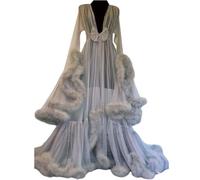 MHNFGDSE Women Plus Size Lingerie Robe See Through Sexy Feather Nightwear Long Lace Dress Night Robe feather Trim Tulle Lotus Leaf Long Sleeve Dressing Gown Kimono Dressing Feather,N,One Size
