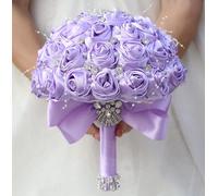 Mhojpik Bridal Wedding Bouquet Round Bling Brooch Bouquet Throw Toss Artificial Rose Flower Bunch for Bride Bridesmaid Wedding Quinceanera(Light Purple, 7.5")