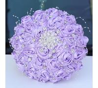 Mhojpik Bridal Wedding Bouquet Round Bling Brooch Holding Bouquet Artificial Rose Flower Bunch for Bride Bridesmaid Wedding Quinceanera(Light Purple, 8.7")