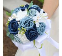 Mhojpik Lightweight Bridal Wedding Bouquet Round Holding Bouquet Throw Toss Artificial Rose Flower Bunch for Bride Bridesmaid Wedding Quinceanera (White & Shades of Blue, 7.9")