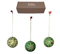 Mhor Living Hand Painted Papier Mache Christmas Baubles - Set of 3 Handmade Christmas Decorations, Eco-Friendly Presentation Box, Traditional Xmas Tree Decorations (Green)