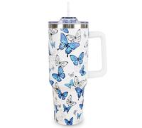 Mhrevyi Butterfly 40 Oz Tumbler With Handle and Straw - Blue Cup Water Bottle Drinking Glass, Gift for Women Girls Birthday Lovers, Accessories Stuff
