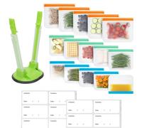 MHSEcoFriendly® Meal Prep Storage Kit - 15 Reusable, Degradable Leakproof Freezer Bags, Baggy Rack & 20 Strong Labels | BPA-Free, Multipurpose Food Storage Solution