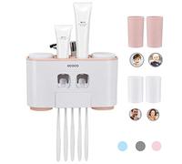 MHTECH Drill-free Wall Mount Toothbrush Holder, Toothpaste Dispenser and Multi-functional Slots Bathroom Organizer, 2 Toothpaste Squeezer with 5 Brushes Set with 4 Cups (Pink)