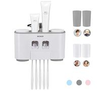 MHTECH Toothbrush Holder, Gray, Wall Mount, Drill-free, with 5 Slots, 2 Toothpaste Dispensers, 4 Cups