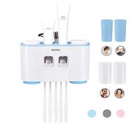 MHTECH Toothbrush Holder, Toothpaste Dispenser, Bathroom Organizer with 5 Slots, 2 Squeezers, 4 Cups (Blue)