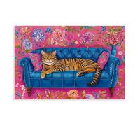 MHTHFD Floral Tabby Cat on Blue Sofa Art Print Canvas Poster Wall Art Decor Print Picture Paintings for Living Room Bedroom Decoration 08x12inch(20x30cm)