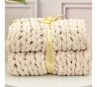 MHUQIA Chunky Knit Blanket Throw 50x50cm, Soft Chenille Yarn Giant Knitted Throw Blanket, Big Knit Blankets Chunky, Thick Cable Knit Throw, Large Rope Knot Crochet Throw Blankets