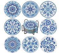 MHwan 8 Pieces 3D Diamond Painting Coasters, Exquisite Blue Mandala Coasters, Non-Absorbent, Non-deformable, Can Be Reusable for a Long Time with Non-Slip Cork Base