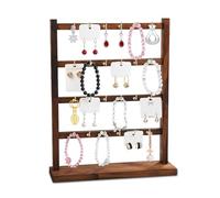 MHYMX Earring Display Stand Wooden Jewellery Display Stand 4 Tier Earring Storage Holder with 24 Hooks Jewellery Orgnisers with Tray for Earings Rings Necklaces Bracelets Keychains