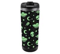 MHYRAC 13oz/380ml Stainless Steel Insulated Travel Coffee Cup, Green Alien Moon UFO Travel Mug with Leakproof Lid, Non-Slip Bottom
