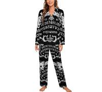MHYRAC Ladies Nightwear, Cat Skull Head Witch Board Black Gothic Pajama Set, Button Down Sleepwear Long Sleeve Shirt with Pants