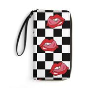 MHYRAC Leather Wallet, Pop Style Red Lips Repeat Pattern Black and White Checkered, with Rope, Small Size and Large Capacity, Easy to Carry