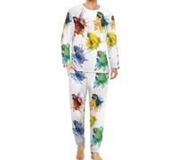 MHYRAC Men's Crew Neck Pyjamas Set, 3D Watercolor Parrot Pyjamas for Men, Men's Pajamas with Pockets