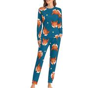 MHYRAC Woman's Crew Neck Pyjamas Set, Cute Red Fox Pyjamas for Women, Women's Pajamas with Pockets