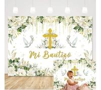 Mi Bautizo Backdrop Baptism Party Background for Photography Green Eucalyptus Flowers First Holy Communion Banner Christening Party Decorations Newborn Shower Party Supplies Photo Booth Prop (7x5FT)