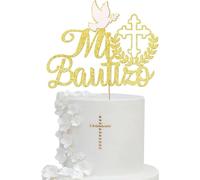 Mi Bautizo Confirmation Cake Topper - Gold Glitter with Cross and Dove Design - Non-Edible Paper Cake Decor for First Communion Baptism Celebration
