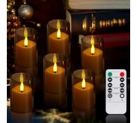 MI CASA LED Flameless Candles Pack of 6, Battery Operated Flickering LED Pillar Candle Grey Glass Effect with Remote Timer for Party Wedding Christmas Decoration