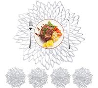 MI CASA Placemats and Coaster Set of 6, Silver Round Table Placemats Dining Table Mats Heat Resistant Anti-slip and Washable Place Mats for Christmas, Wedding, Dinner Parties, Restaurant, Hotel