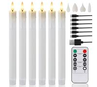 MI CASA Rechargeable LED Taper Candles Flickering with Remote Timer, Pack of 6 Battery Operated Drip Wax Flameless Taper Candles with 2 Replacable Flame Tips, Christmas Home Wedding Decor