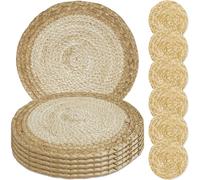MI CASA Round Placemats and Coasters Set of 6, 30cm Natural Handmade Wooden Seagrass Water Hyacinth Table Mats Woven Wicker Place Mats for Home, Kitchen, Dining Table, Wedding