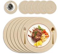 MI CASA Round Placemats and Coasters Set of 6, Braided Woven Place Place Mats Washable Heat Resistant Table Mats for Kitchen Dining Table Home Restaurant, Beige