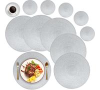 MI CASA Round Placemats and Coasters Set of 6, Round Braided Woven Place Mats Washable Heat Resistant Table Mats for Kitchen Dining Table Home Restaurant, Silver