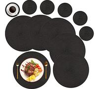 MI CASA Round Placemats and Coasters Set of 6, Round Braided Woven Place Mats Washable Heat Resistant Table Mats for Kitchen Dining Table Home Restaurant, Black