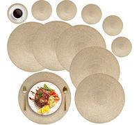 MI CASA Round Placemats and Coasters Set of 6, Round Braided Woven Place Mats Washable Heat Resistant Table Mats for Kitchen Dining Table Home Restaurant, Gold