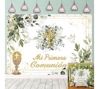 Mi Primera Comunión Backdrop Greenery First Holy Communion Baptism Photography Background Gold Cross Green Leaves God Bless Neutral Christening Baby Shower Decorations Background (7x5FT: 84x60 inch)