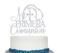 Mi Primera Comunion Cake Topper, Christian Baptism Decor, First Holy Communion Decorations, Religious Wedding Christening Baptism Baby Shower 1st Birthday Party Decorations Silver Glitter