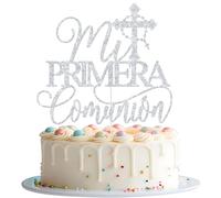 Mi Primera Comunion Cake Topper, First Holy Communion Decorations, God Bless Cake Decor, Spanish Religious Christening Baptism Baby Shower Birthday Party Decorations (Silver)