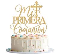 Mi Primera Comunion Cake Topper, First Holy Communion Decorations, God Bless Cake Decor, Spanish Religious Christening Baptism Baby Shower Birthday Party Decorations (Gold)