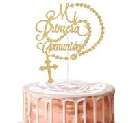 Mi Primera Comunion Cake Topper, Spanish Children Communion Decorations, Rosary Cross Themed Christening Decor, God Bless - First Holy Communion Decorations Gold Glitter