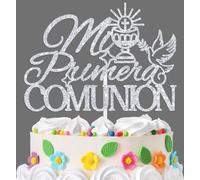 Mi Primera Comunión Cake Topper, Spanish Religious Baptism Cake Decor, First Holy Communion, on Your Confirmation, God Bless, Christening Baby Shower/1st Birthday Party Decorations Silver Glitter