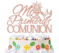 Mi Primera Comunión Cake Topper, Spanish Religious Baptism Cake Decor, First Holy Communion, on Your Confirmation, God Bless, Christening Baby Shower/1st Birthday Party Decorations Rose Gold Glitter