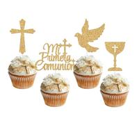 Mi Primera Comunion Cupcake Toppers, First Communion Decorations, Spanish Baptism, God Bless Cupcake Picks, Religious Baptism Christening Baby Shower 1st Birthday Party Decoration Gold 20pcs