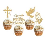 Mi Primera Comunion Cupcake Toppers, Spanish First Communion Decorations, Dove Cross God Bless Cupcake Picks, Religious Baptism Christening Baby Shower 1st Birthday Party Decorations Gold 20pcs